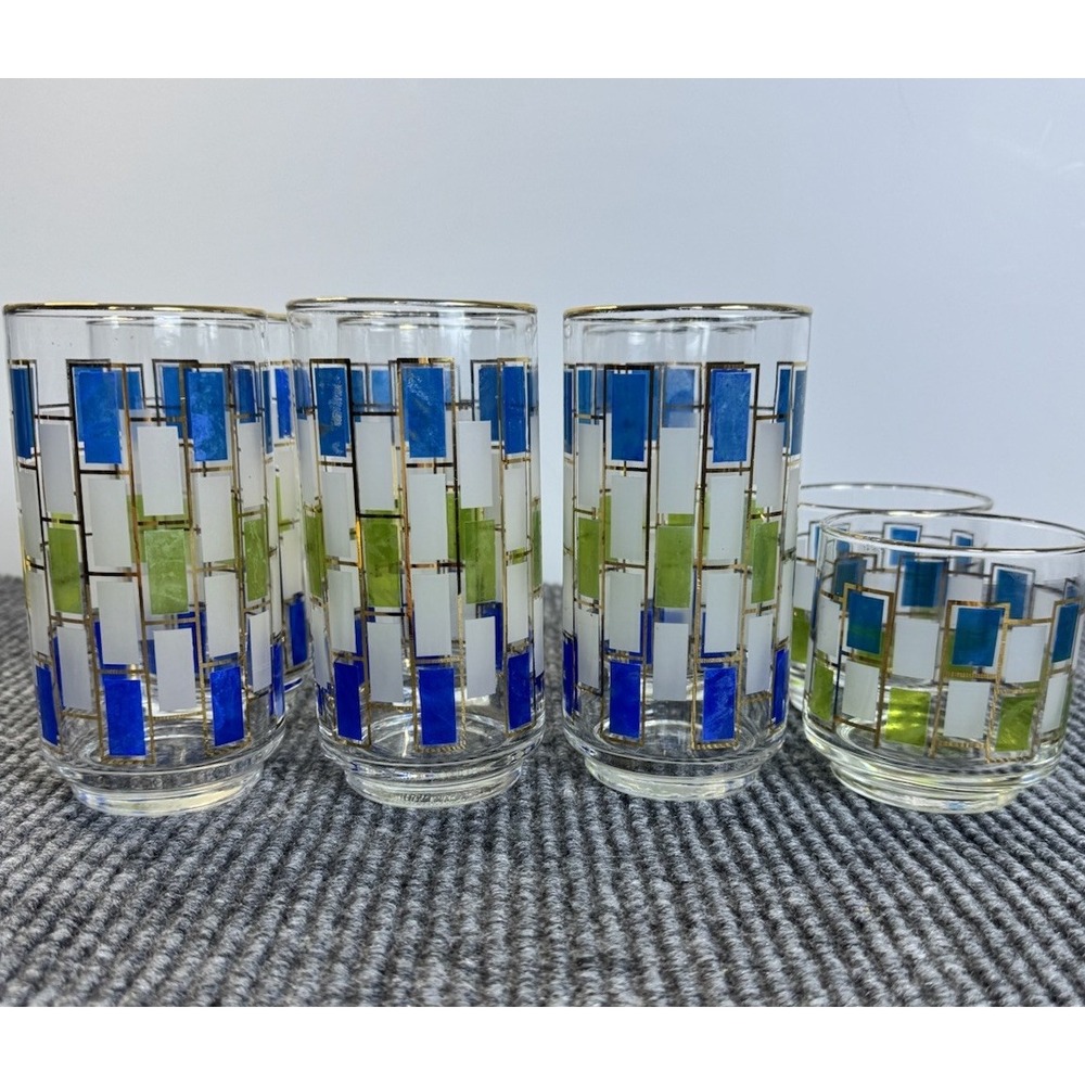 VTG Libbey Nordic Glasses Lot 8 MCM 6 Highball 2 Juice Blue Green Gold Barware